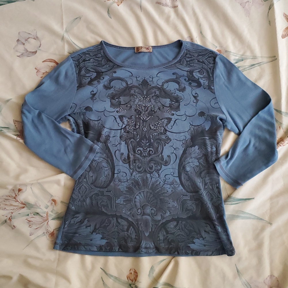 Blue Canyon Clothing Women's Engraved Graphic Long Sleeve Blue Size Large GUC